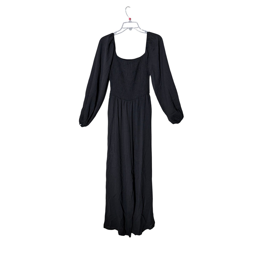 Women Cottagecore Boho Flowy Jumpsuit Small Black Smocked Puff Sleeve Wide Leg - Picture 2 of 5